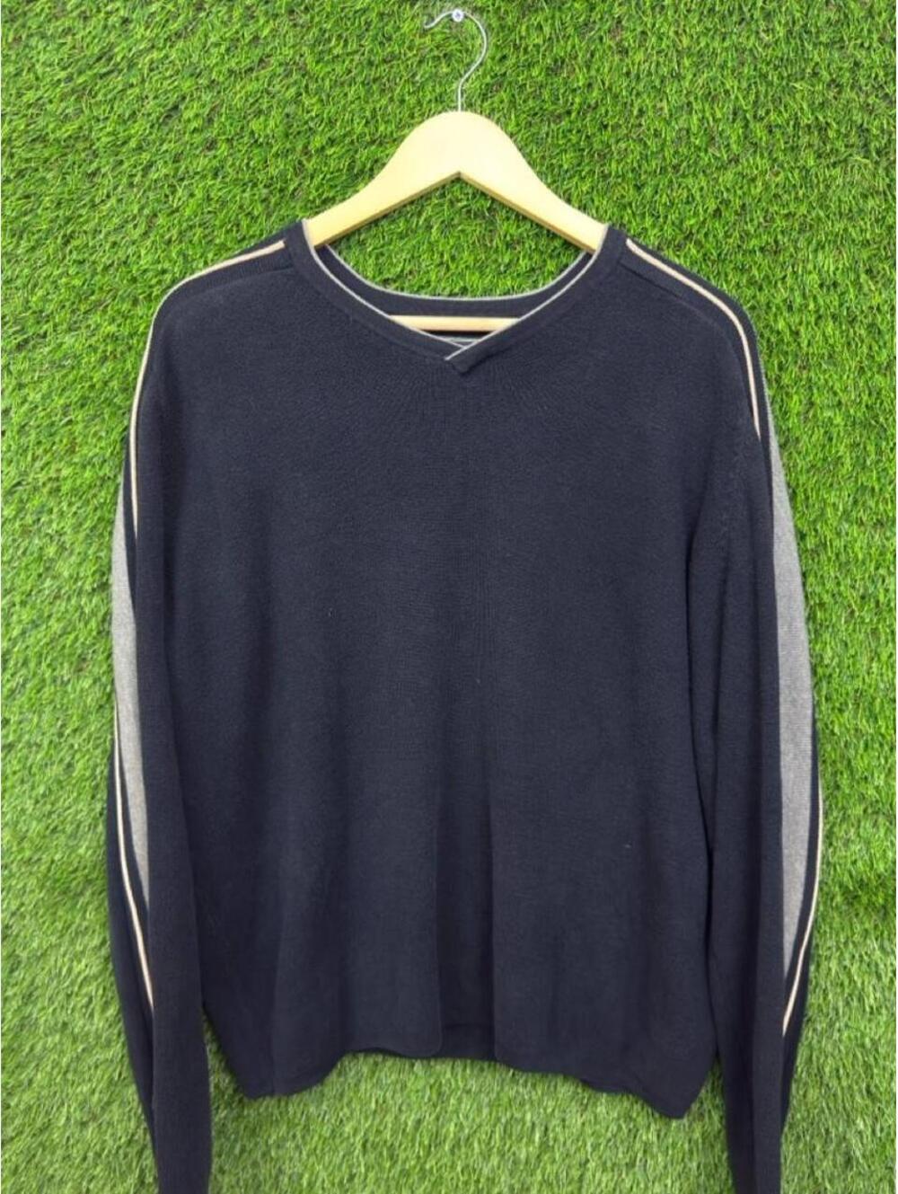 American Eagle Outfitters V-Neck Knit Sweater Navy Blue Side Stripe Large